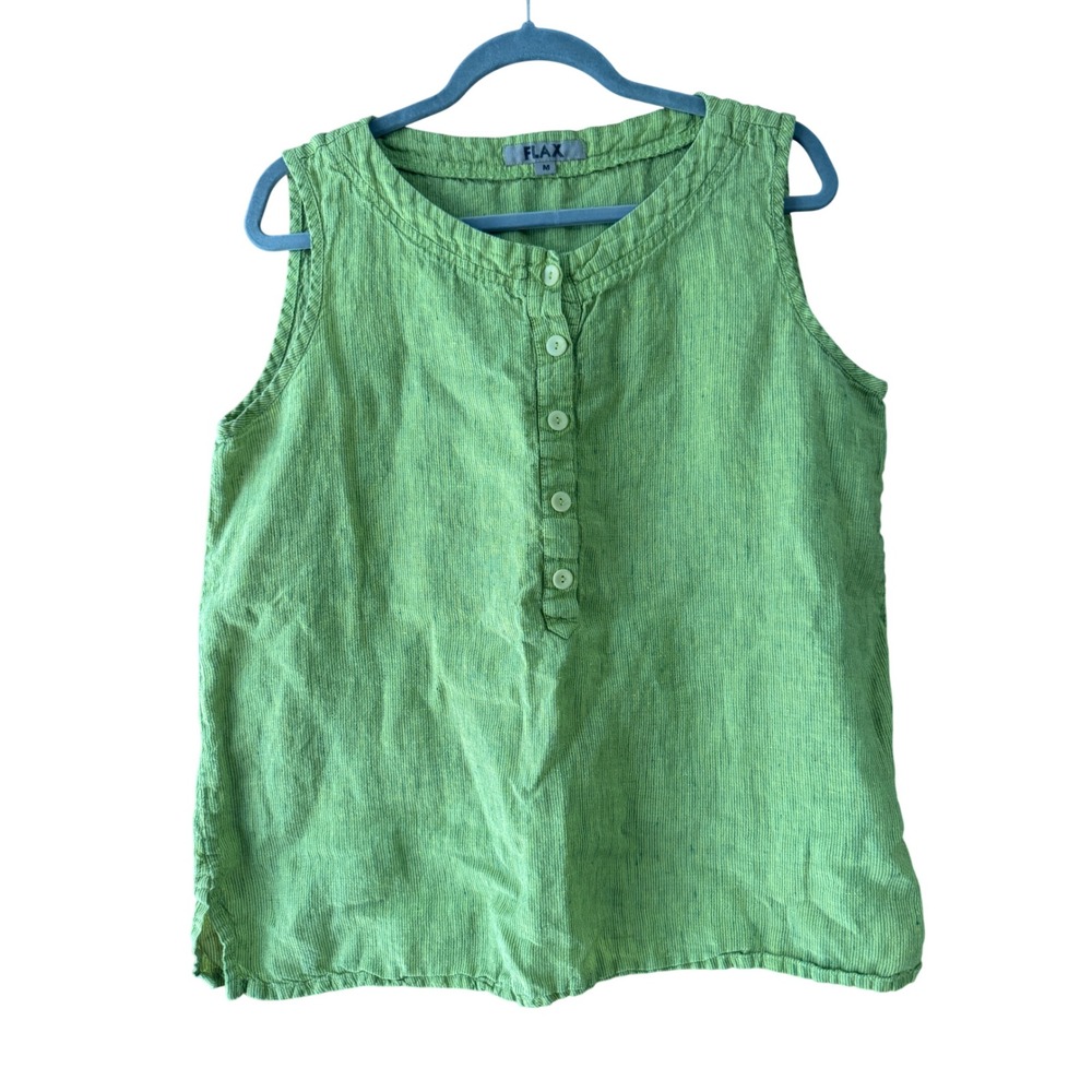 FLAX Women Green Pinstripe 100% Linen Sleeveless Henley Tank Top Size Medium